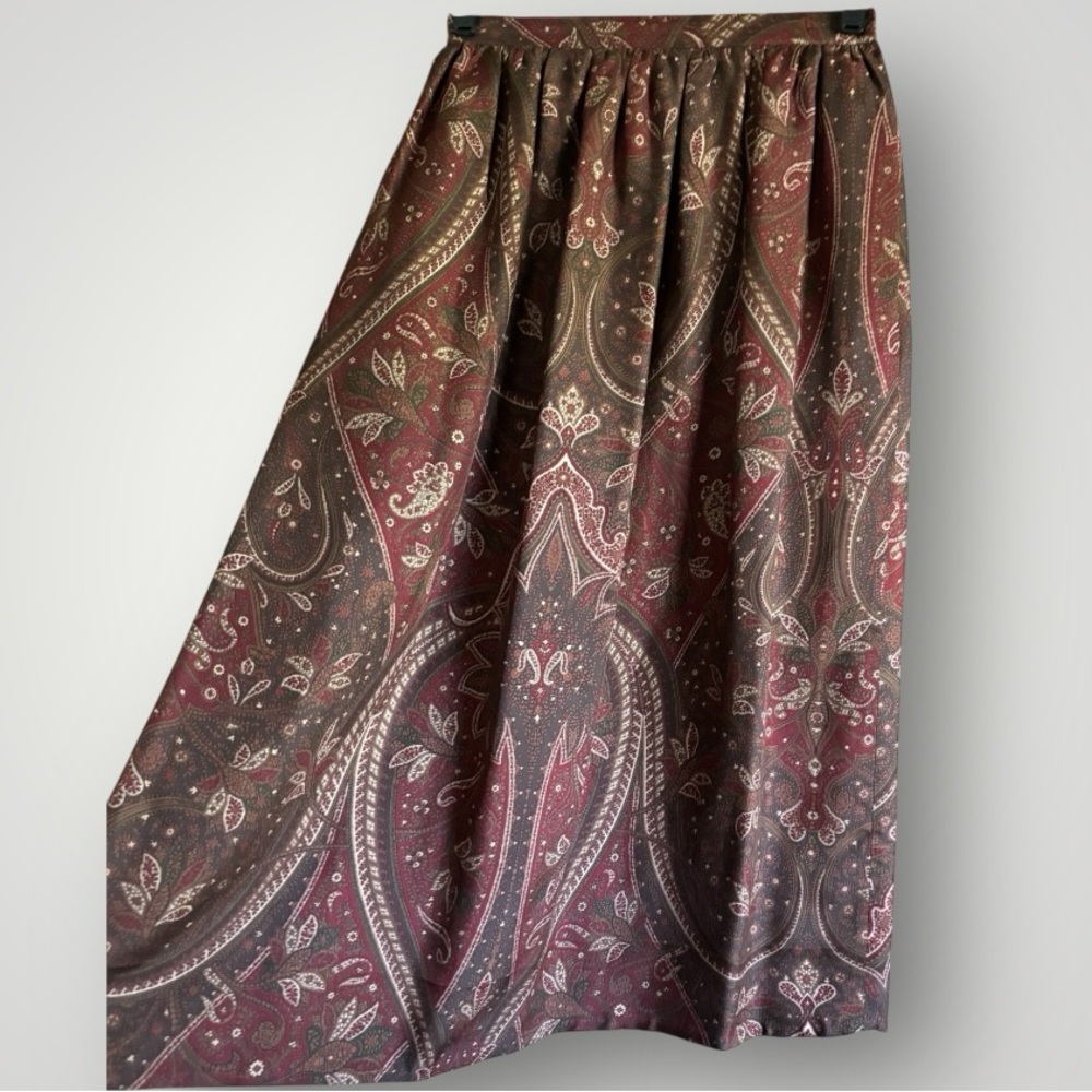 Vintage Kasper Burgundy Brown Paisley Gathered Silk Midi Skirt Women’s Size 4